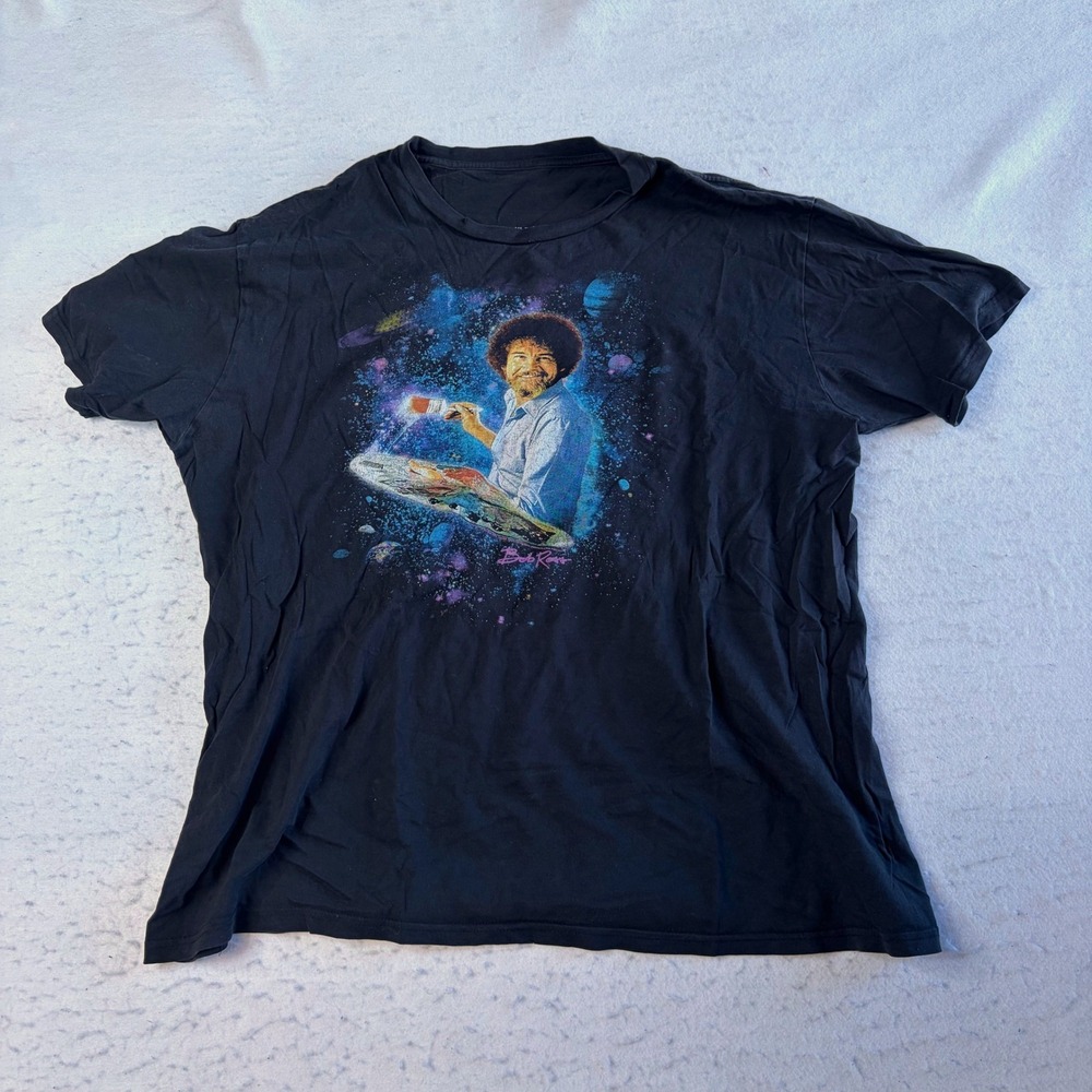 Bob Ross Graphic T-Shirt Mens XL Black Space Galaxy Painting Artist Short Sleeve